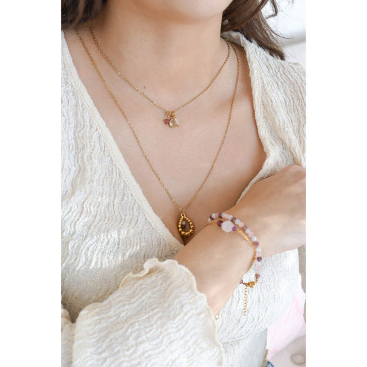 Halskette aus Rosenquarz und Lepidolit – Gold