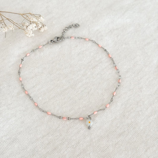 Fußkettchen Rosa Emaille & Gänseblümchen – Silber