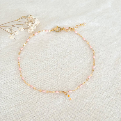 Fußkettchen Rosa Emaille & Gänseblümchen – Gold