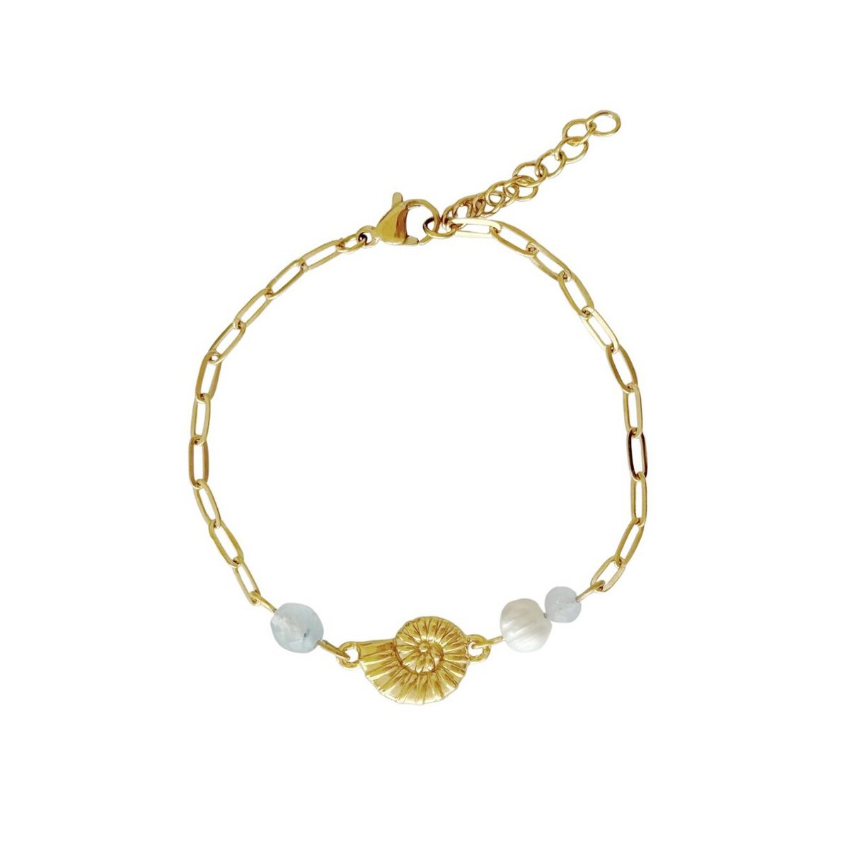 Muschelarmband Aquamarin und Perle – Gold