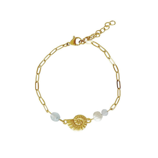 Muschelarmband Aquamarin und Perle – Gold