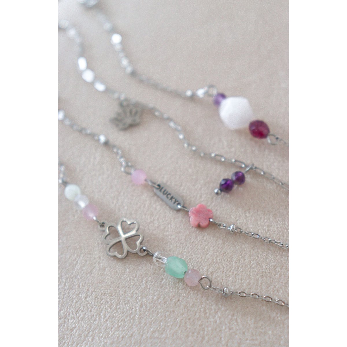 Glücksarmband Rhodochrosit & Rosenquarz – Silber