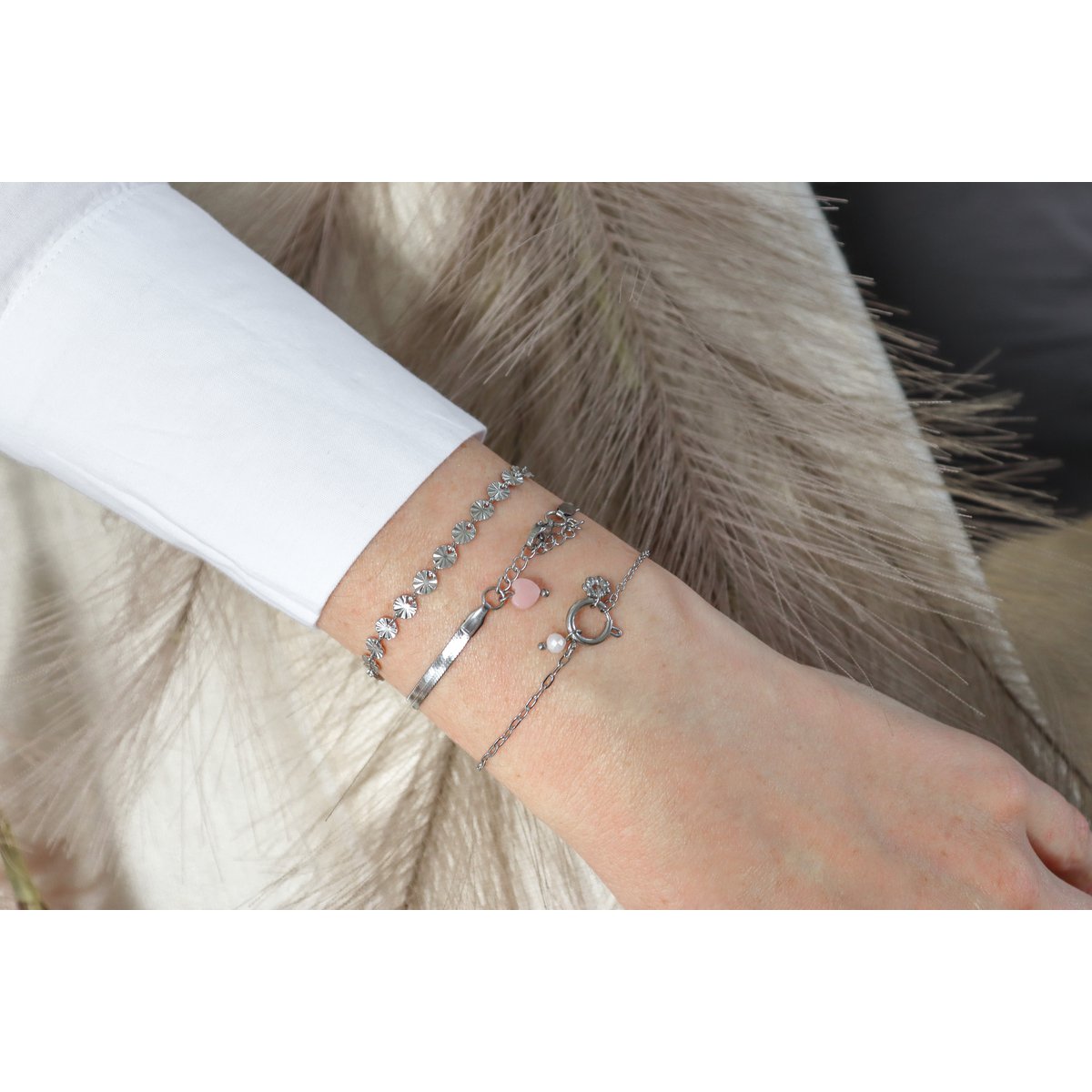 Schlangenkettenarmband & rosafarbener Opal – Silber