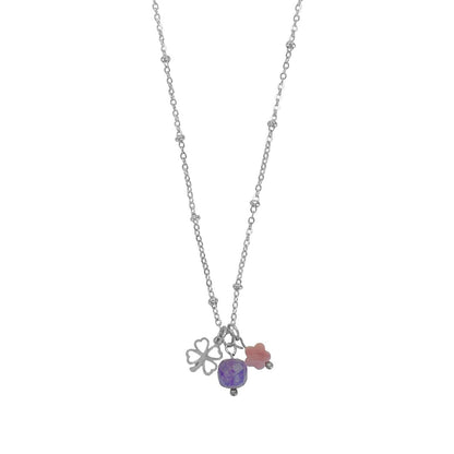 Halskette mit Amethyst, Rhodochrosit und vierblättrigem Kleeblatt – Silber