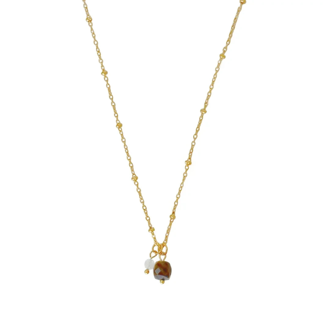 Halskette mit Tigerauge und Mondstein – Gold