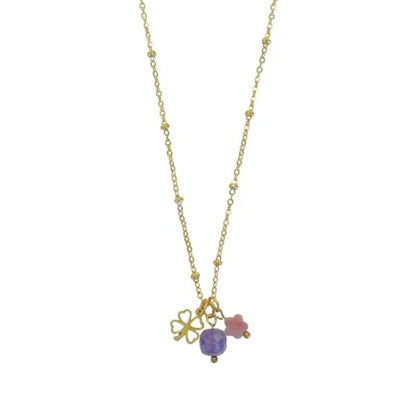 Halskette aus Amethyst, Rhodochrosit und vierblättrigem Kleeblatt – Gold