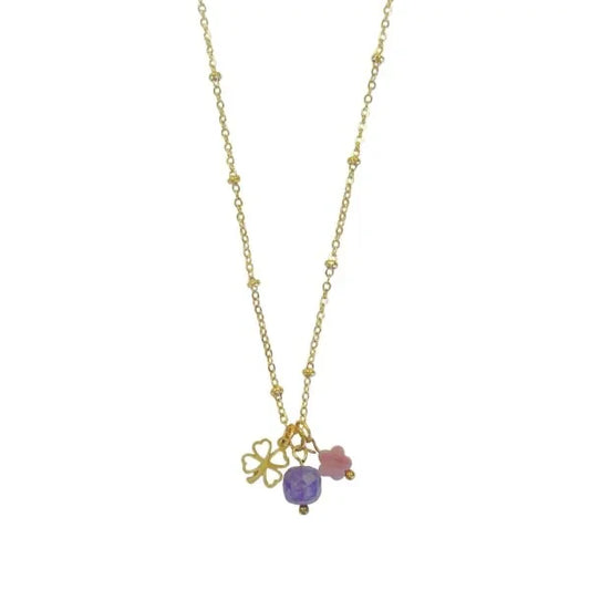 Halskette aus Amethyst, Rhodochrosit und vierblättrigem Kleeblatt – Gold