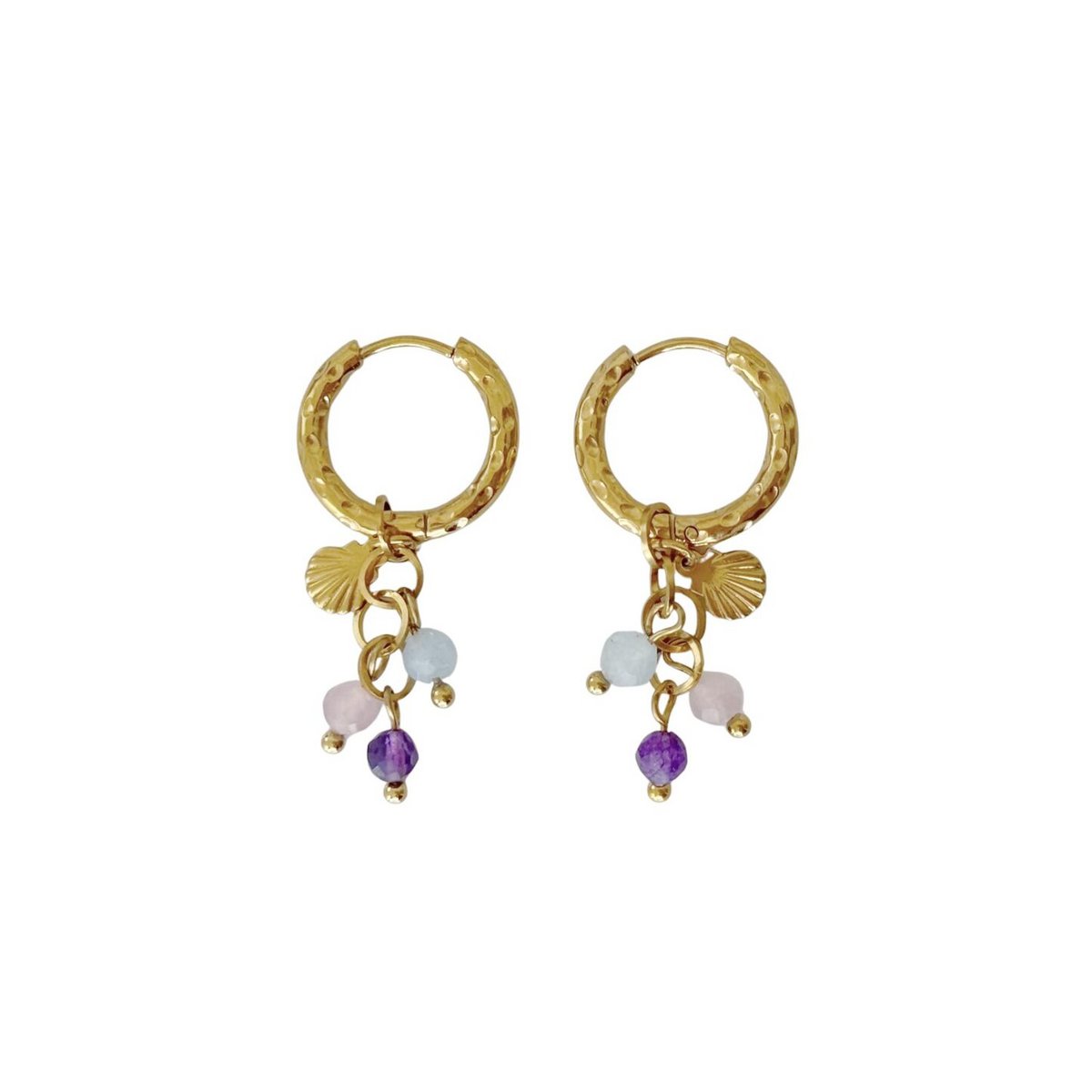 Muschel-, Rosenquarz-, Amethyst- und Aquamarin-Ohrringe – Gold
