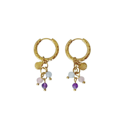 Muschel-, Rosenquarz-, Amethyst- und Aquamarin-Ohrringe – Gold