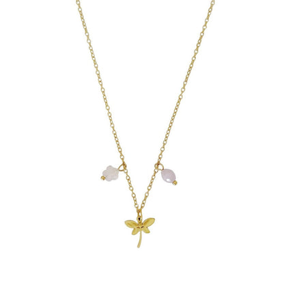 Halskette mit Libellen-Rosenquarz-Blume und Kunzit – Gold