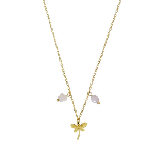 Halskette mit Libellen-Rosenquarz-Blume und Kunzit – Gold