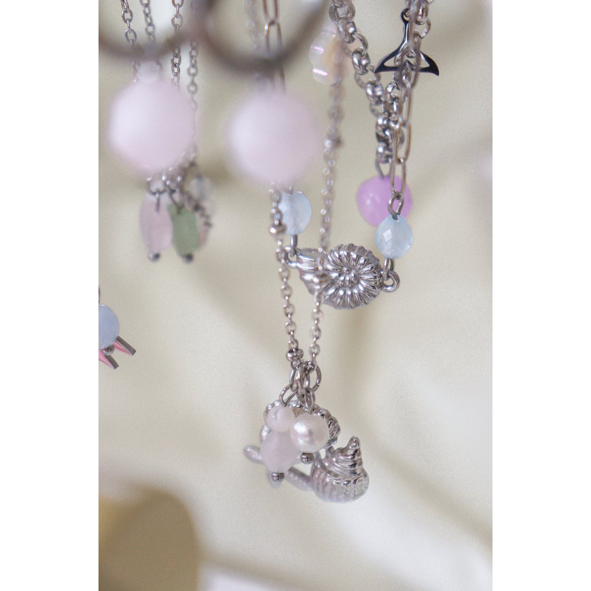 Halskette mit Seestern und Muschel, Perle und Jade – Silber