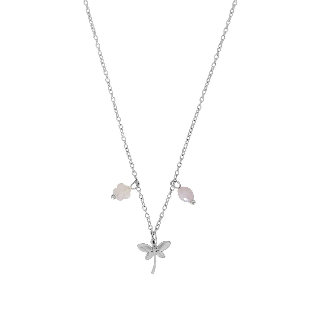 Halskette mit Libellen-Rosenquarz-Blume und Kunzit – Silber