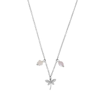Halskette mit Libellen-Rosenquarz-Blume und Kunzit – Silber
