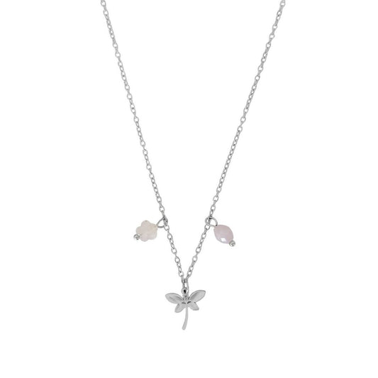 Halskette mit Libellen-Rosenquarz-Blume und Kunzit – Silber